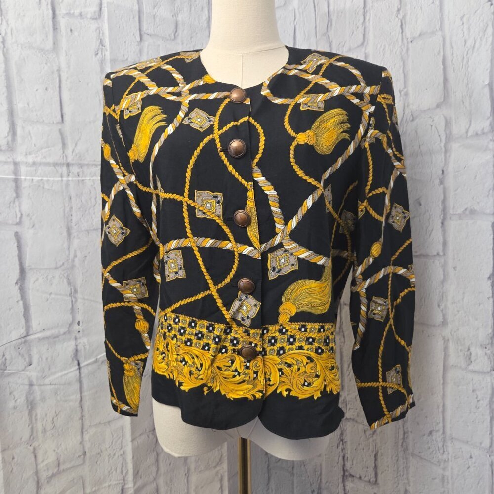 Vintage Norton McNaughton Size 10 Black Gold Chain Button Up Blazer Skirt Set - Picture 5 of 13